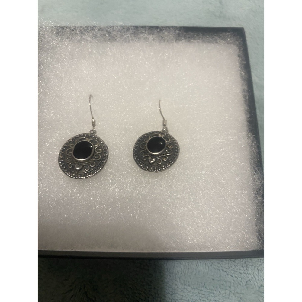 VTG sterling Silver 925 Boma Stamped Southwest Black Dangly Earring Pair